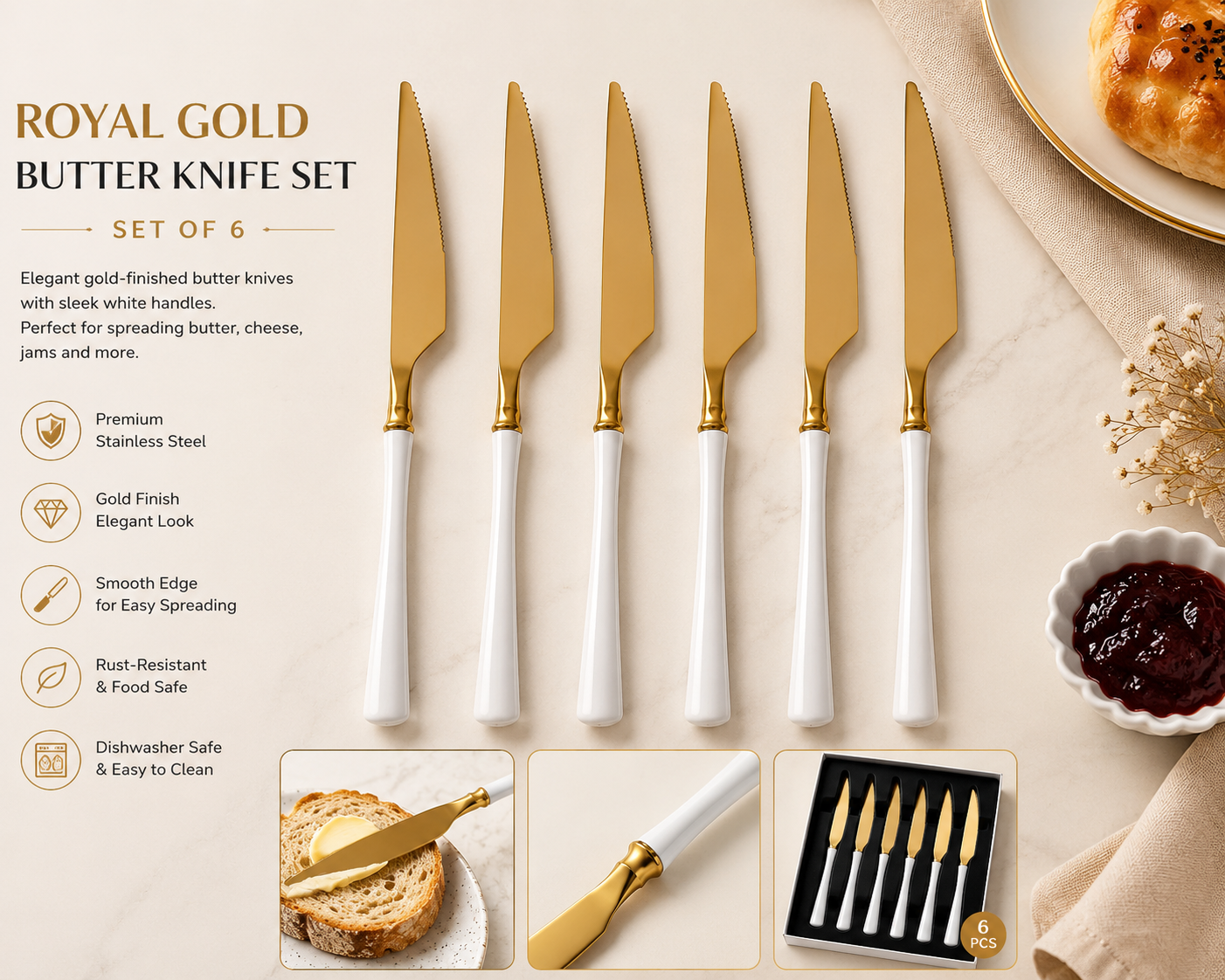 Royal White Gold Butter Knife Set – 6 Pieces