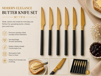 Modern Gold Butter Knife Set – Black Handle (Set of 6)