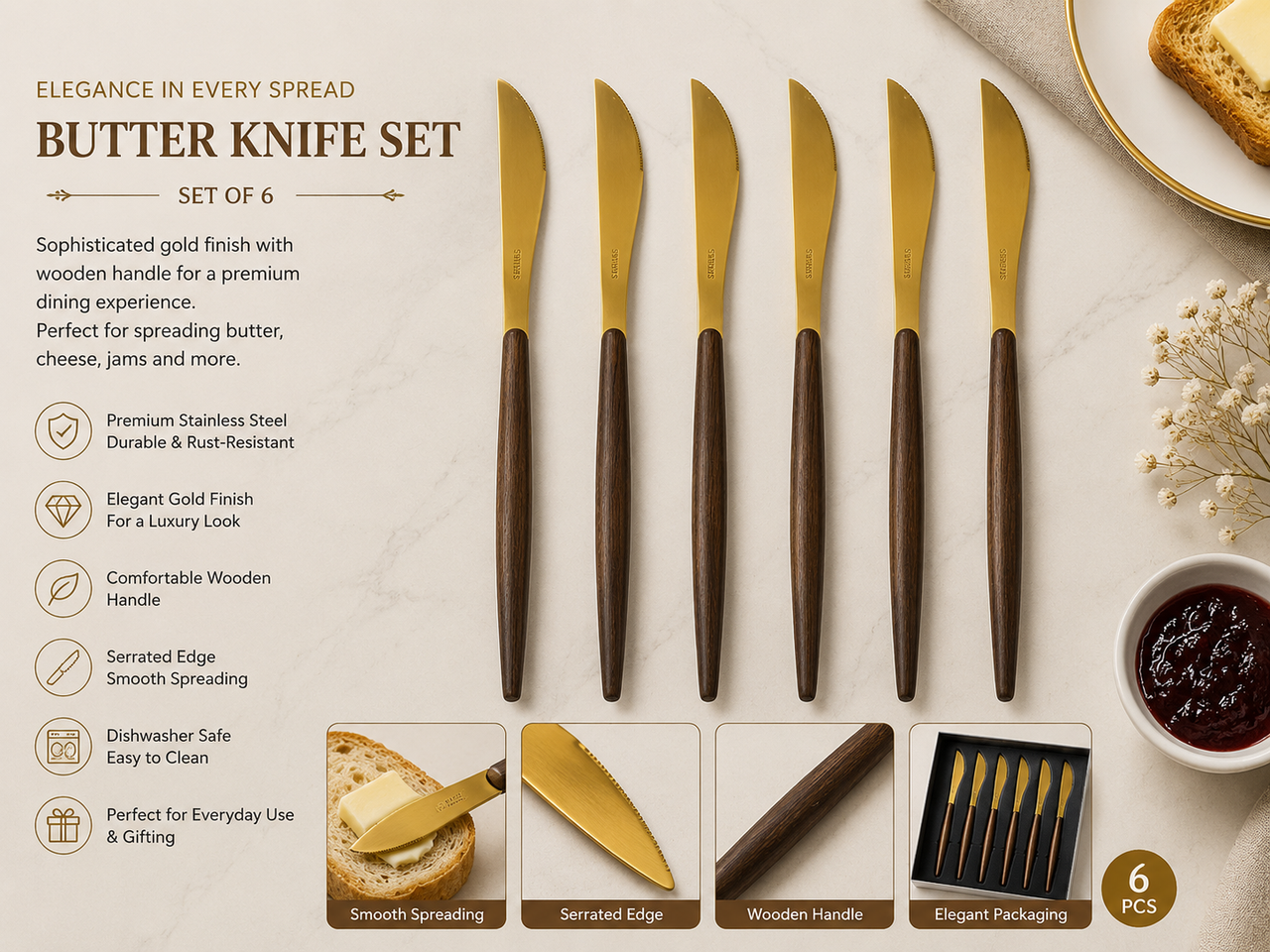 Royal Gold Wooden Handle Butter Knife Set – 6 Pieces