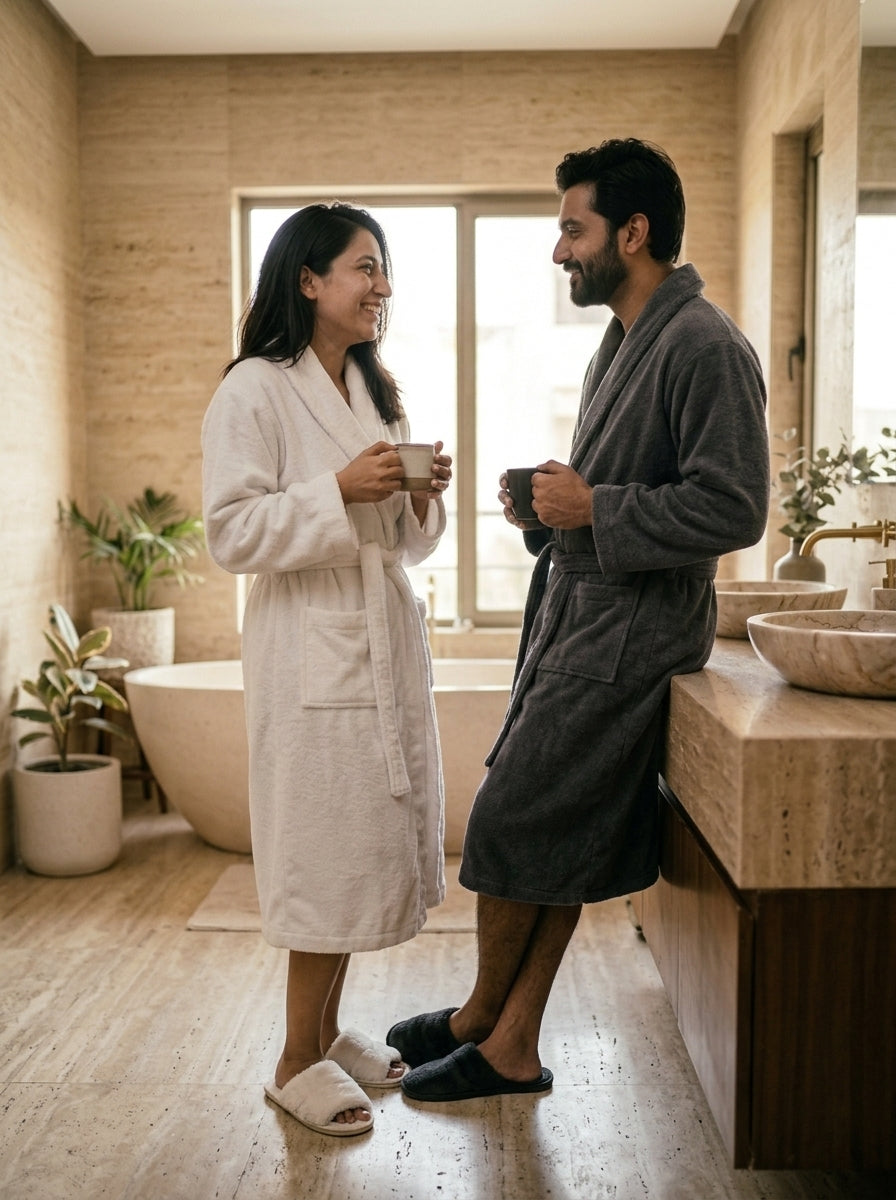 Couple Set White & Grey (2 Velour Bathrobe, 2 Velour Slippers)