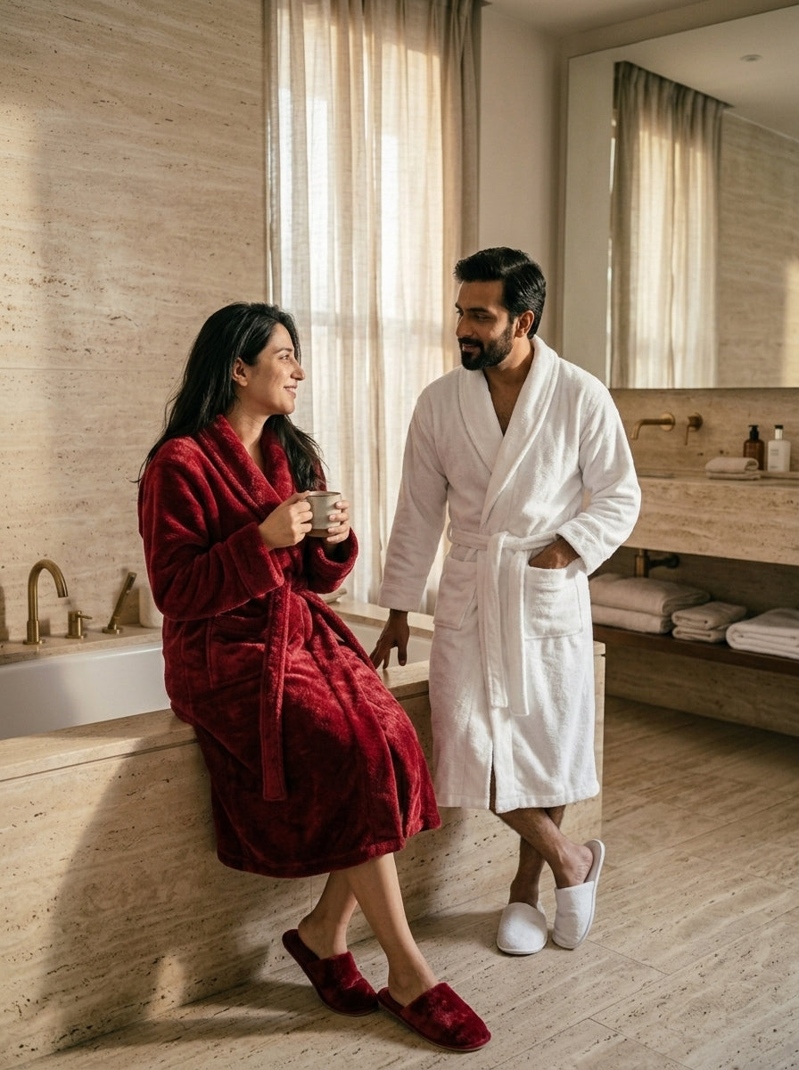 Couple Set Red & White (2 Velour Bathrobe, 2 Velour Slippers)