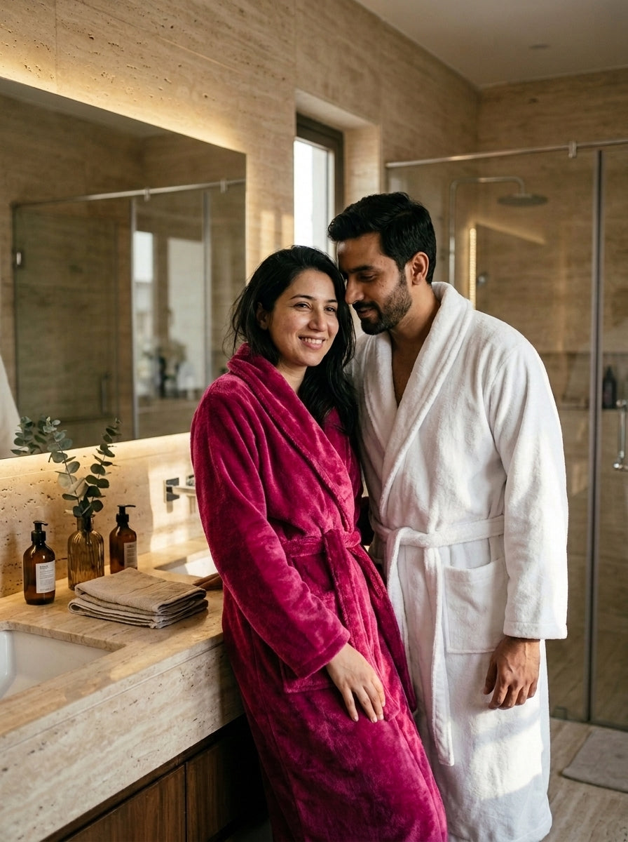 Couple Set Dark Pink & White (2 Velour Bathrobe, 2 Velour Slippers)