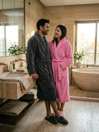 Couple Set Lite Pink & Grey (2 Velour Bathrobe, 2 Velour Slippers)