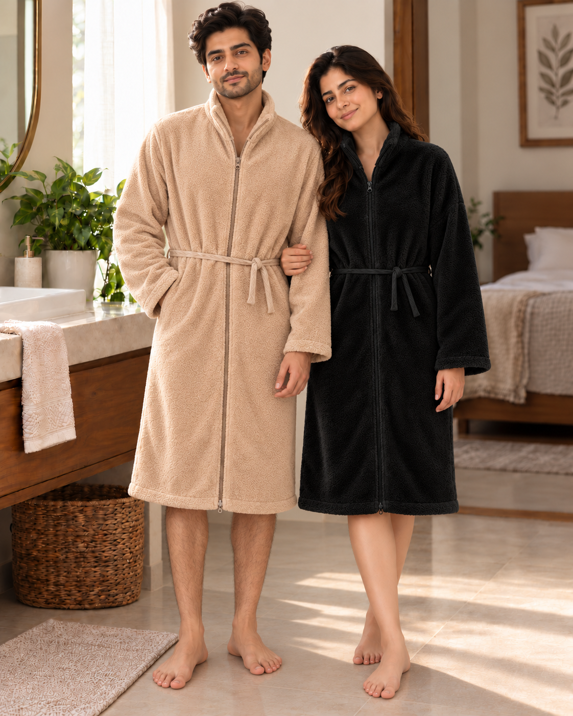 Couple Bathrobe Set Black & Beige (2 Fleece Bathrobe)