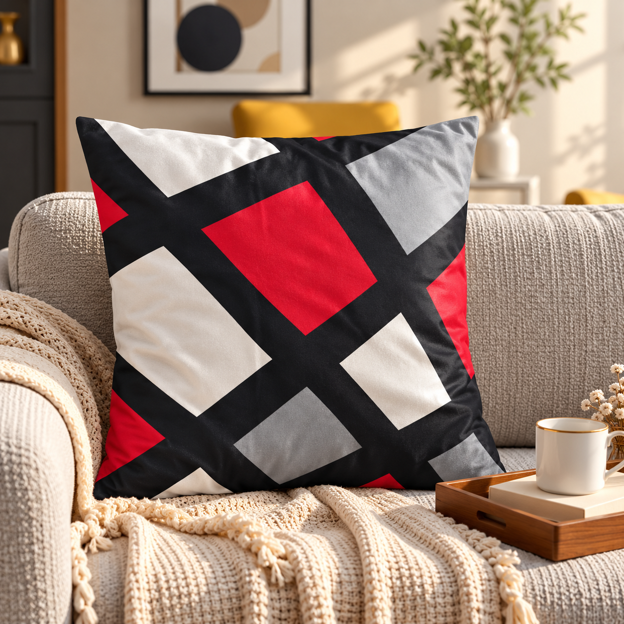 SuperSoft Red Grey Geo Cushion
