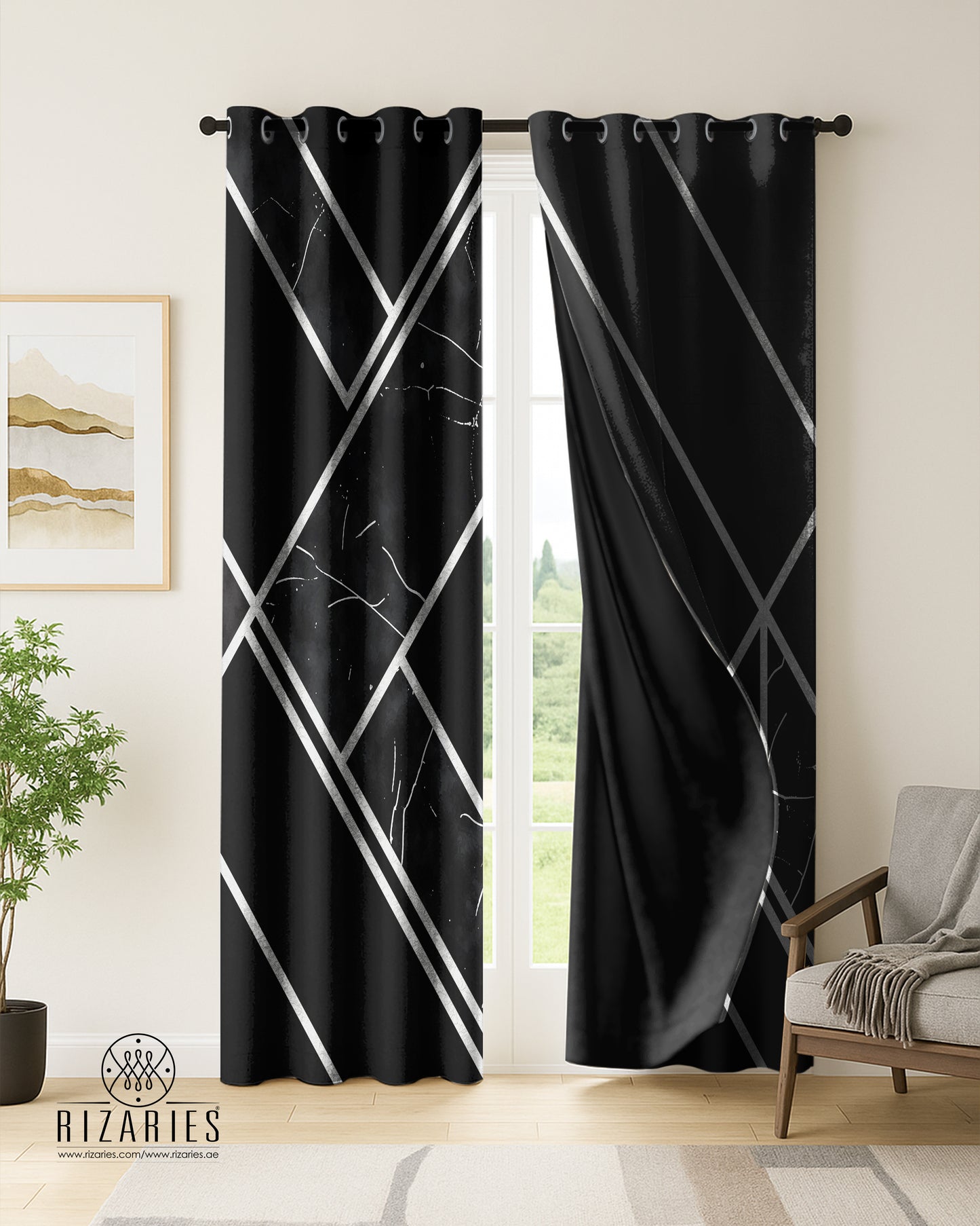 Black Silver Geometric Curtains