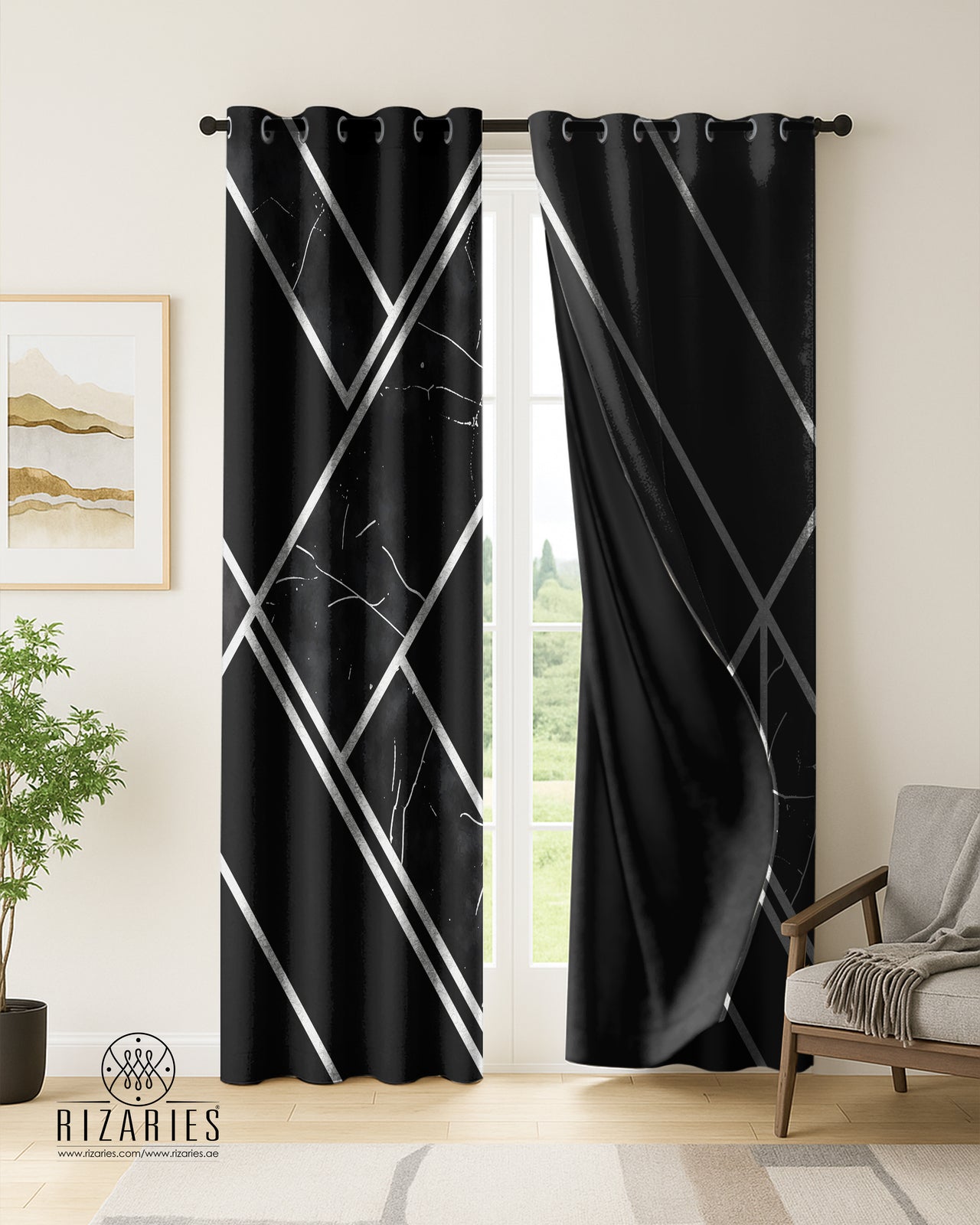 Black Silver Geometric Curtains