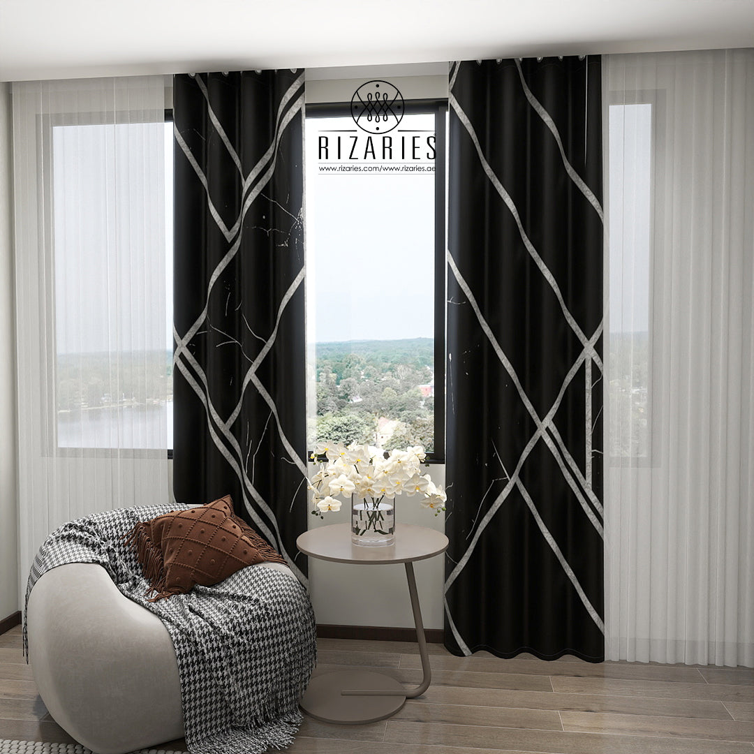 Black Silver Geometric Curtains