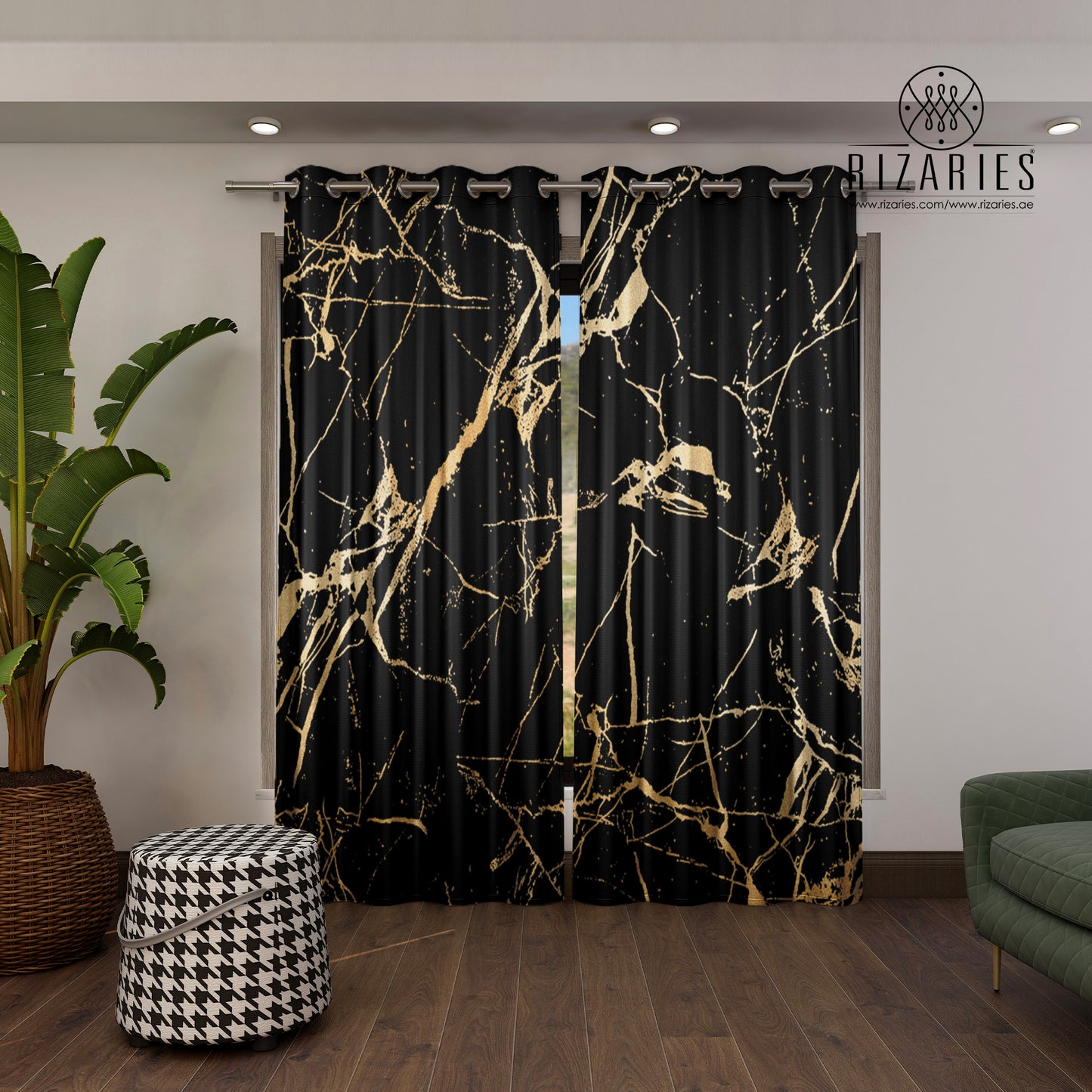 Black Yellow Gold Abstract Curtains