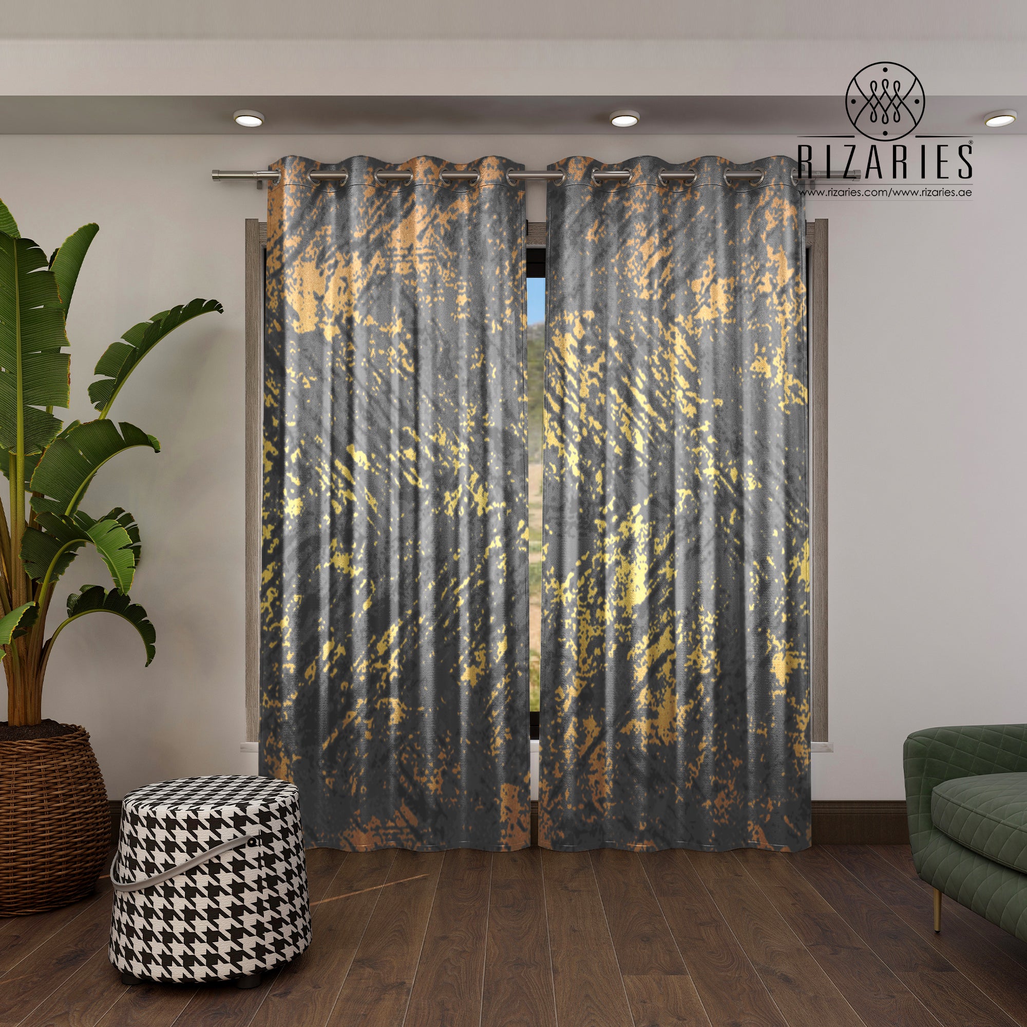Grey Gold Abstract Pattern Curtains – Rizaries