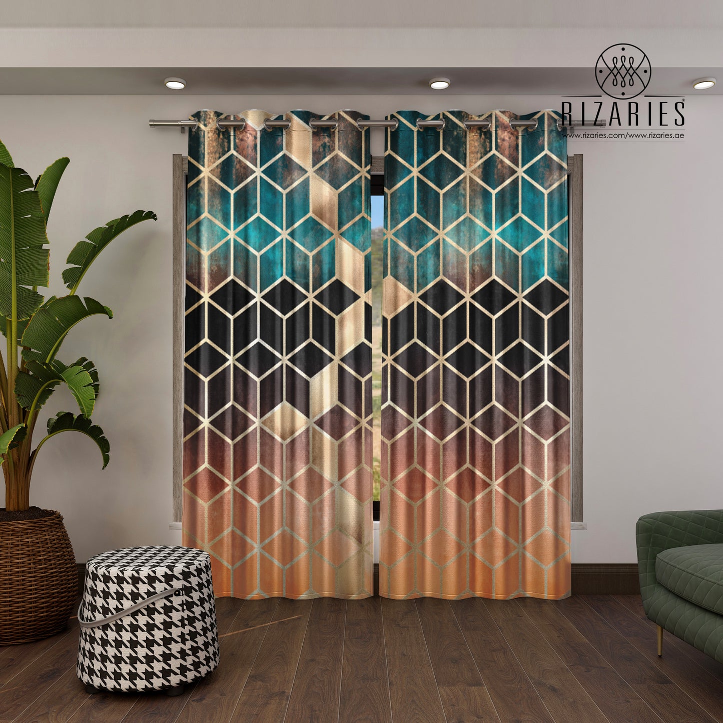 Ombre Cubes Emerald & Copper Curtains