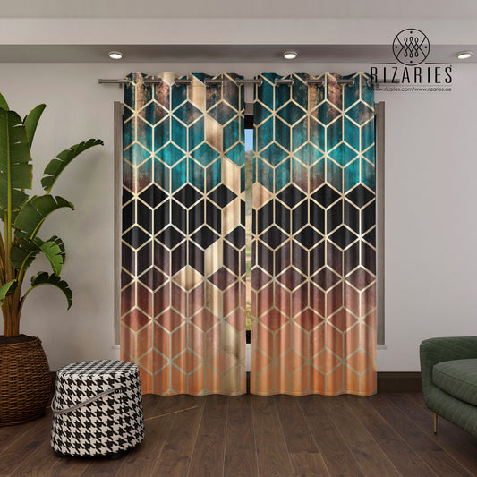 Ombre Cubes Emerald & Copper Curtains