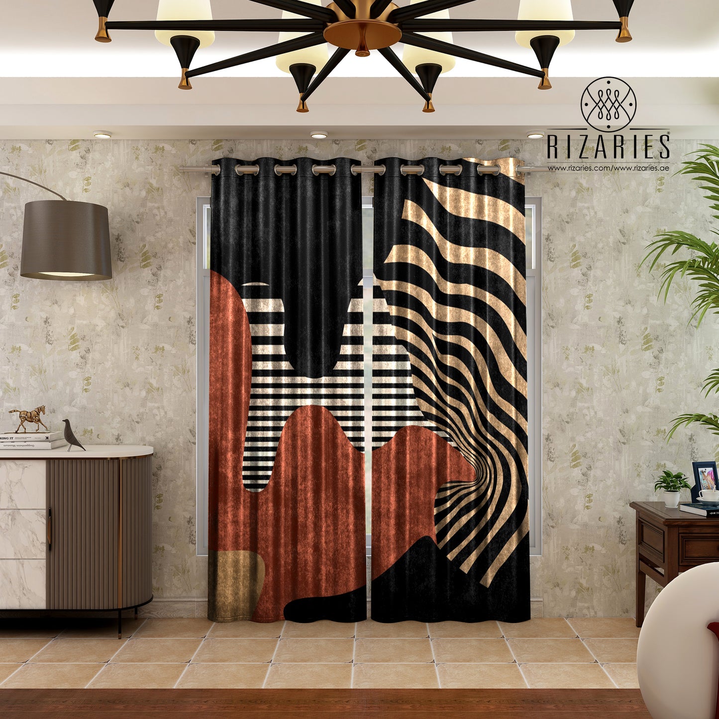 Black Rust Geometric Wave Curtains