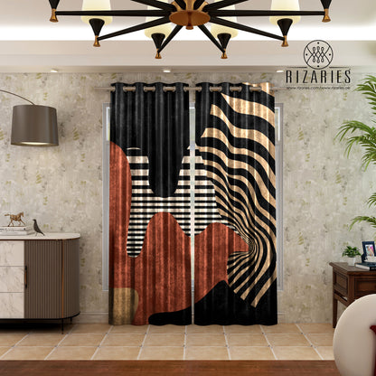 Black Rust Geometric Wave Curtains
