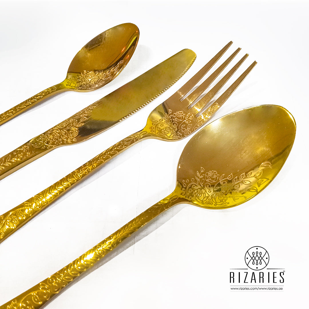 Flower Carving Full Gold Cutlery Set