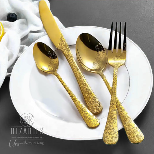 Flower Carving Full Gold Cutlery Set