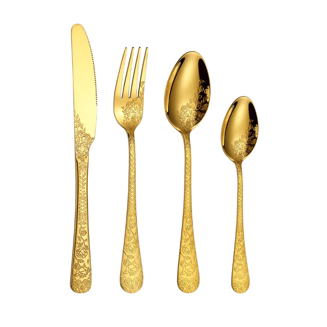 Flower Carving Full Gold Cutlery Set