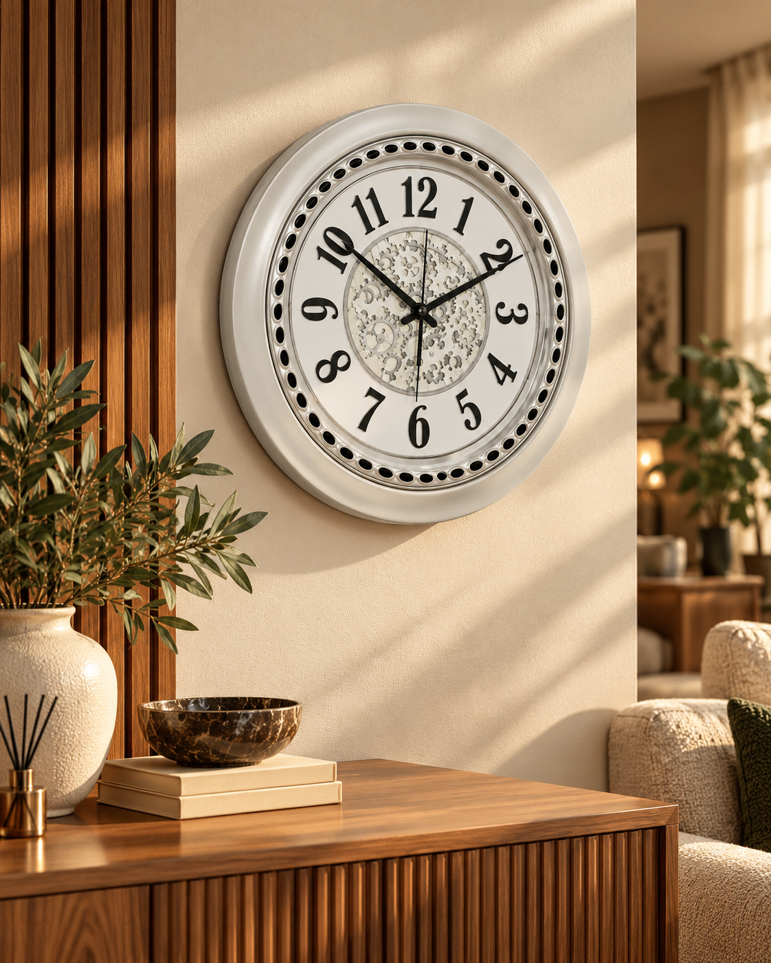 White Silver Gear Design Wall Clock – 18 Inches