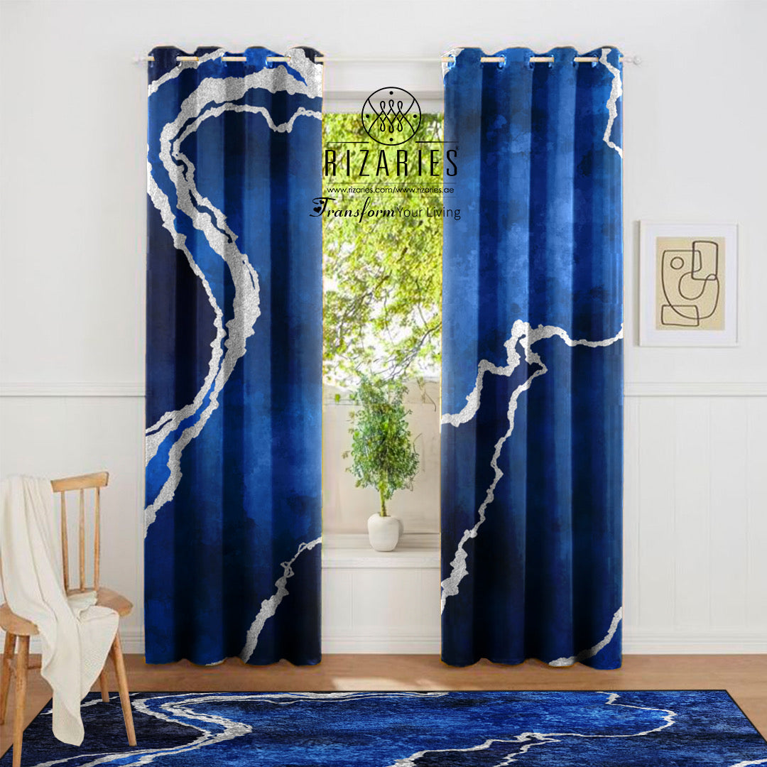 Blue Silver Abstract Curtains