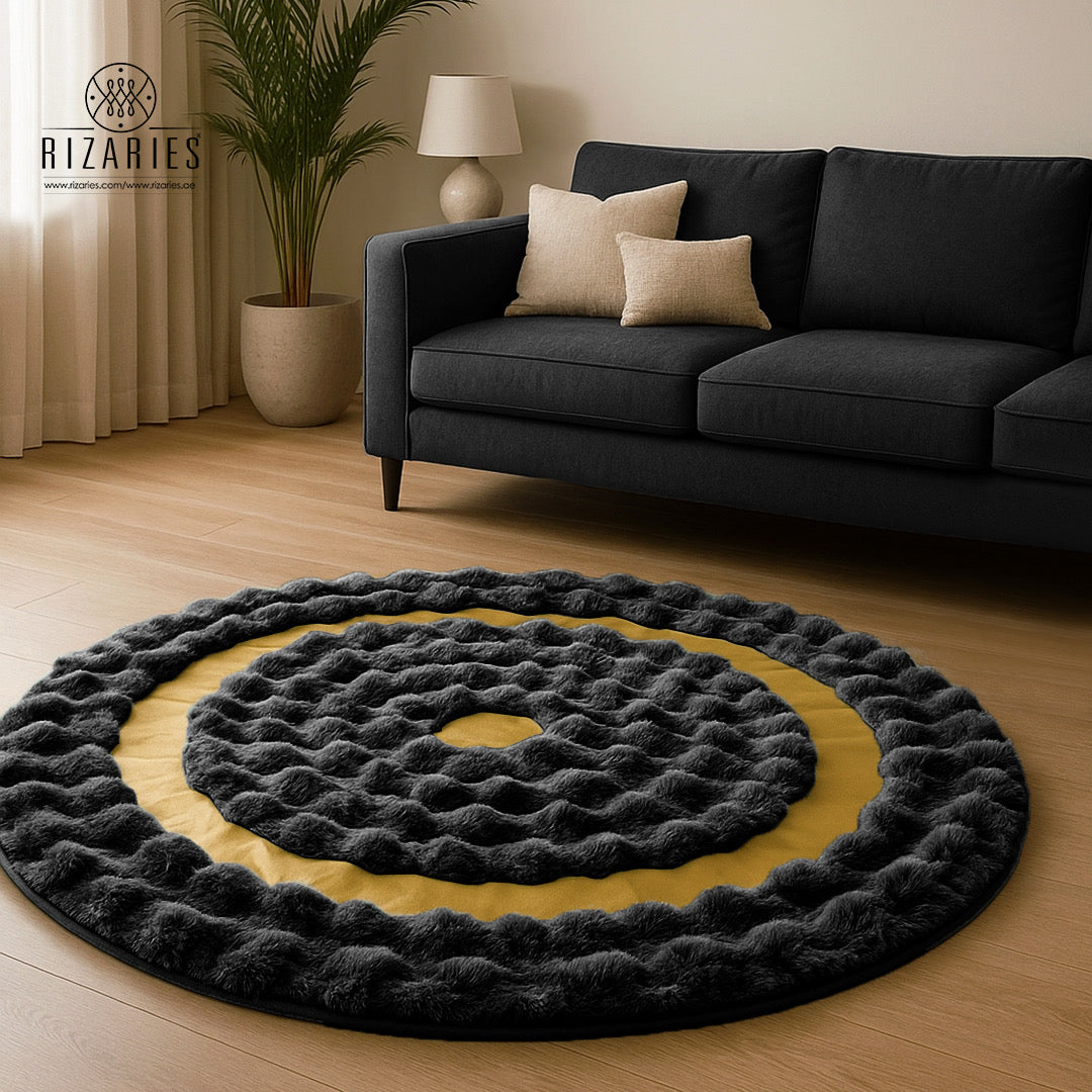 SuperSoft Box Style Fur with Gold Round Rug
