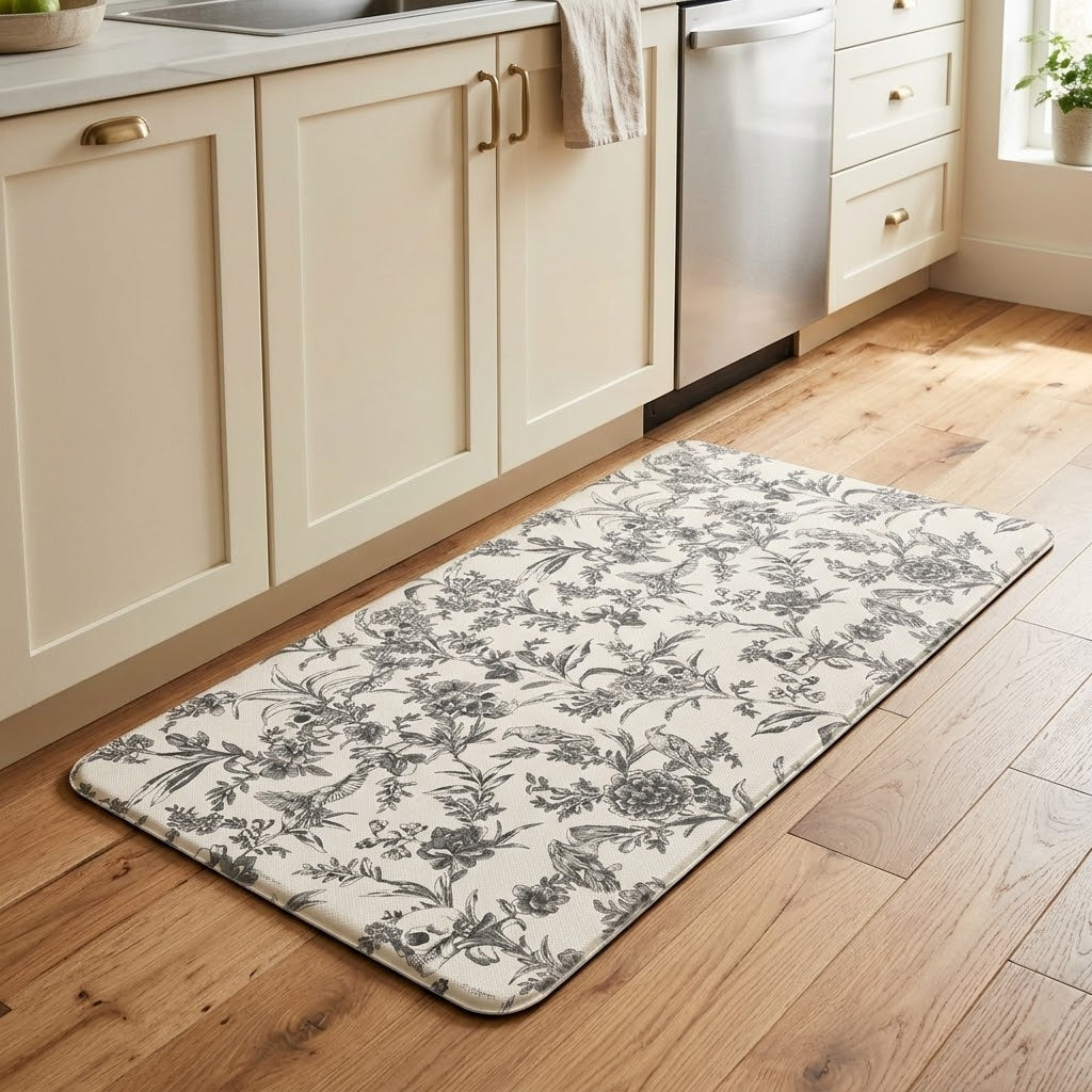 Grey Floral Print Kitchen Mat