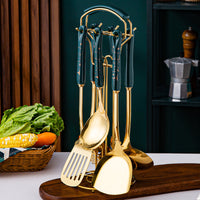 Marble Pattern Golden Utensil Set with Stand (7 Pieces Set)