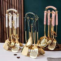 Marble Pattern Golden Utensil Set with Stand (7 Pieces Set)