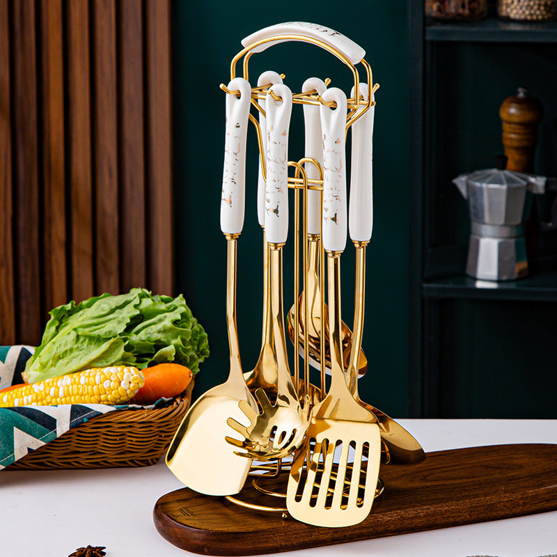 Marble Pattern Golden Utensil Set with Stand (7 Pieces Set)