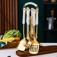 Marble Pattern Golden Utensil Set with Stand (7 Pieces Set)