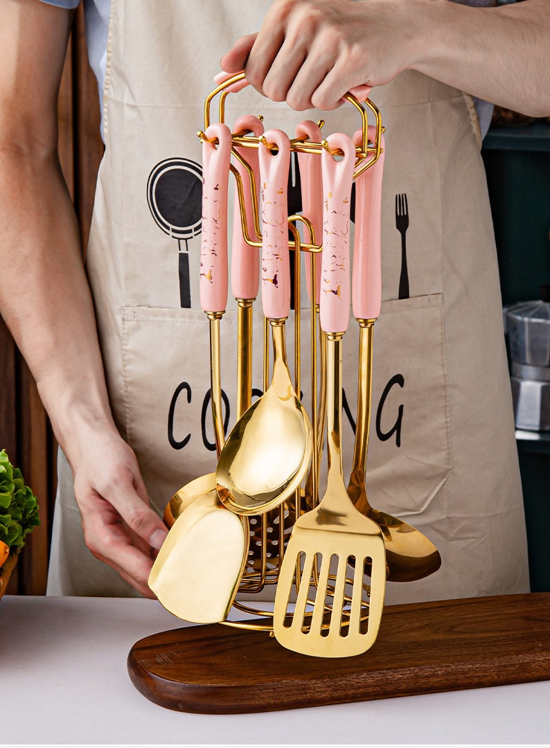 Marble Pattern Golden Utensil Set with Stand (7 Pieces Set)