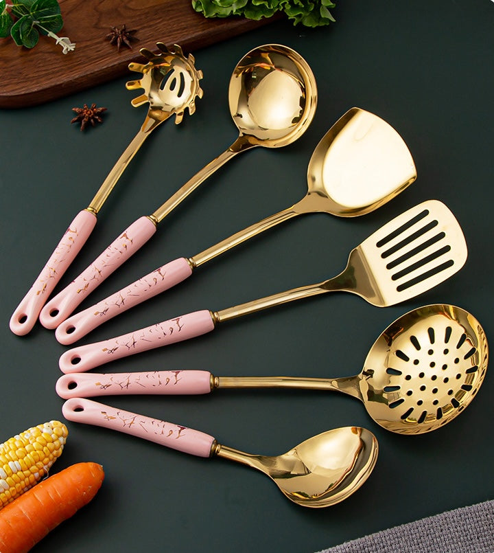 Marble Pattern Golden Utensil Set with Stand (7 Pieces Set)
