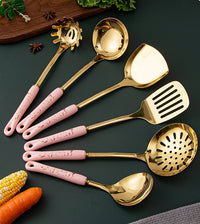 Marble Pattern Golden Utensil Set with Stand (7 Pieces Set)