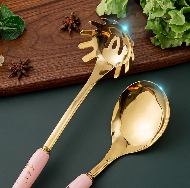 Marble Pattern Golden Utensil Set with Stand (7 Pieces Set)