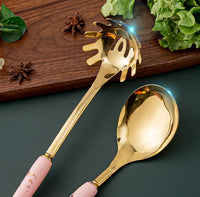 Marble Pattern Golden Utensil Set with Stand (7 Pieces Set)