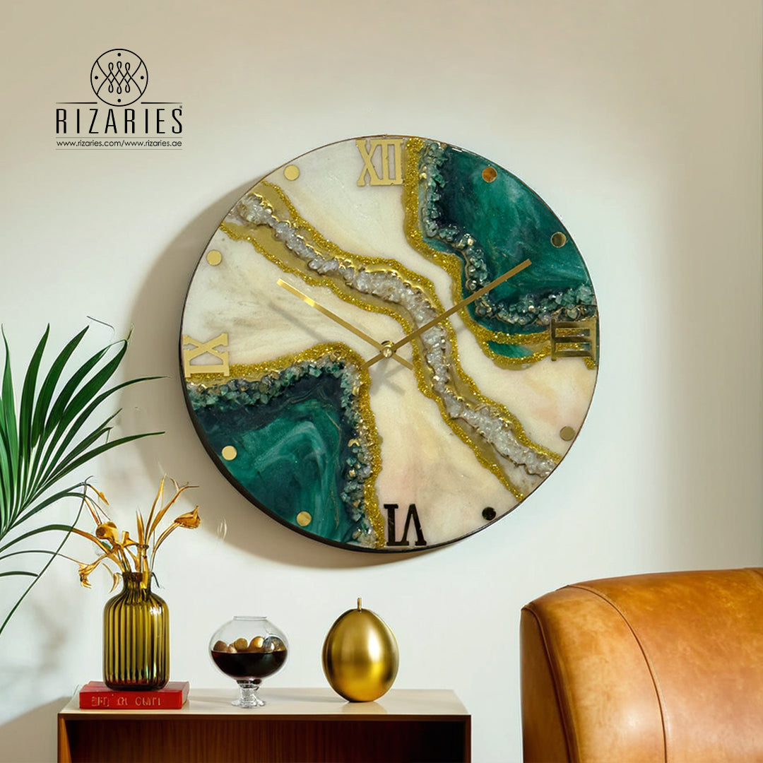 Epoxy Shiny Resin Teal Gold Wall Clock