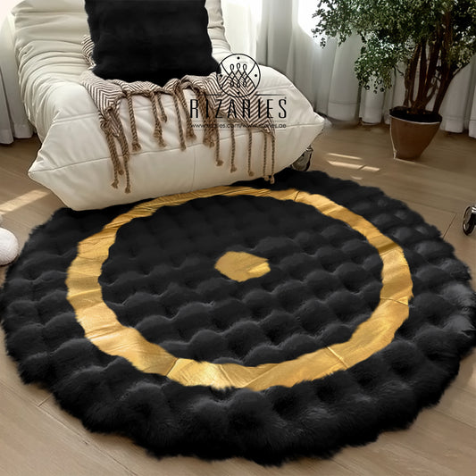 SuperSoft Box Style Fur with Gold Round Rug