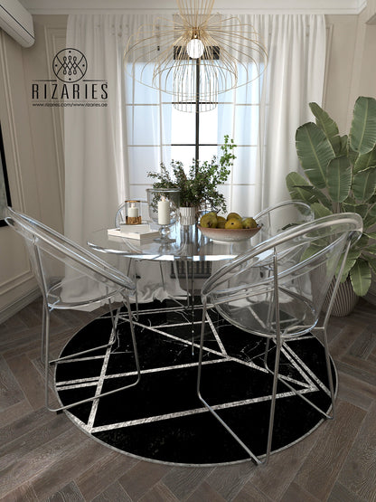 Black Silver Geometric Round Centerpiece (Rug)