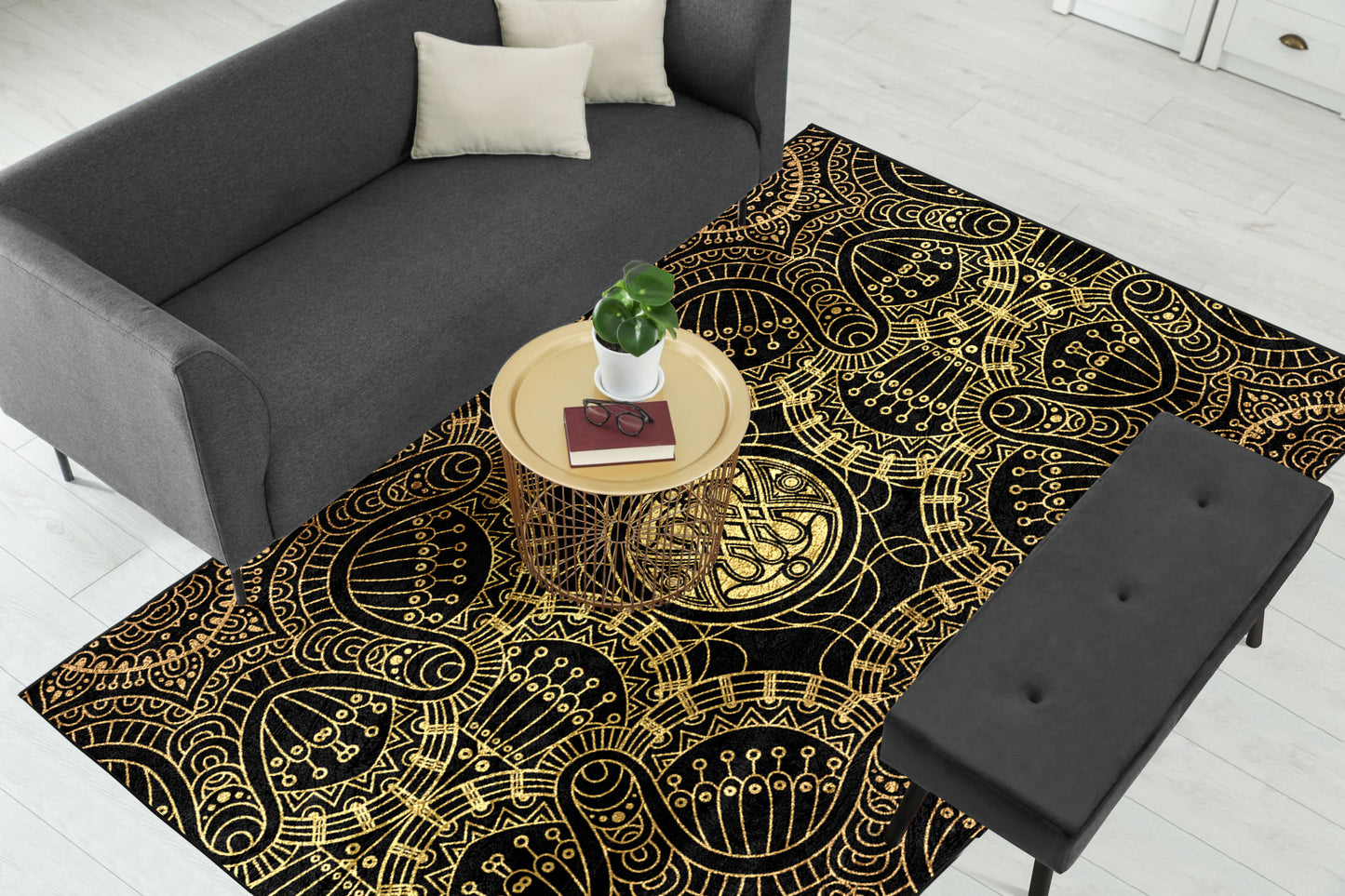 Gold Geometric with Black Centerpiece (Rug)