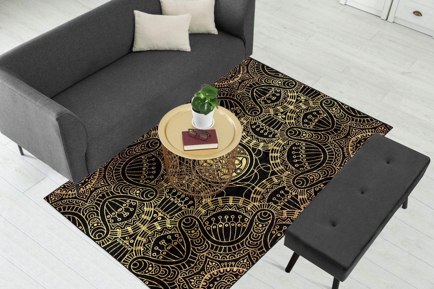 Gold Geometric with Black Centerpiece (Rug)