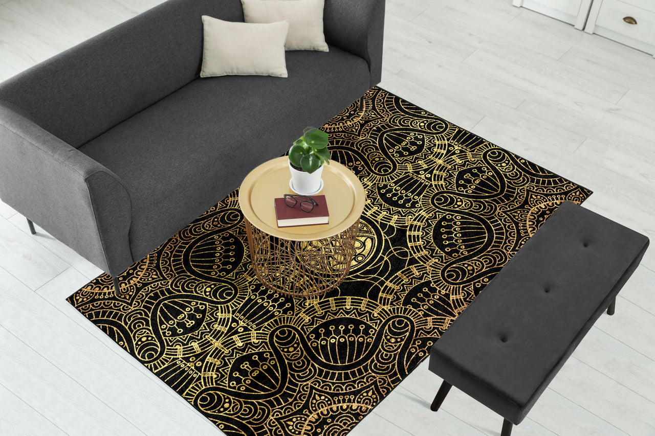 Gold Geometric with Black Centerpiece (Rug) (CLEARANCE SALE)