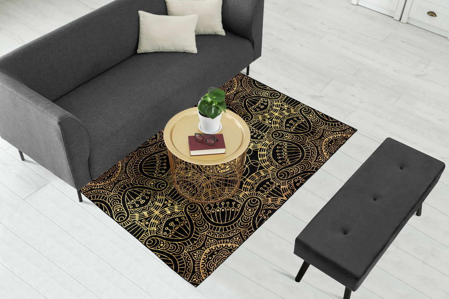 Gold Geometric with Black Centerpiece (Rug)