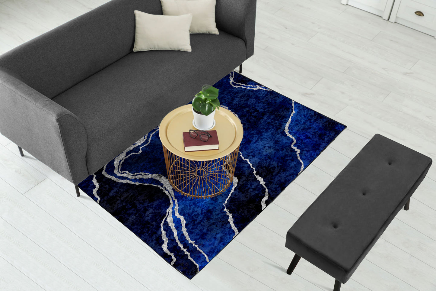 Navy Silver Abstract Centerpiece (Rug)