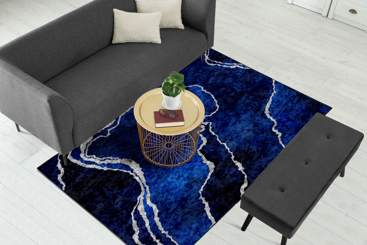 Navy Silver Abstract Centerpiece (Rug)