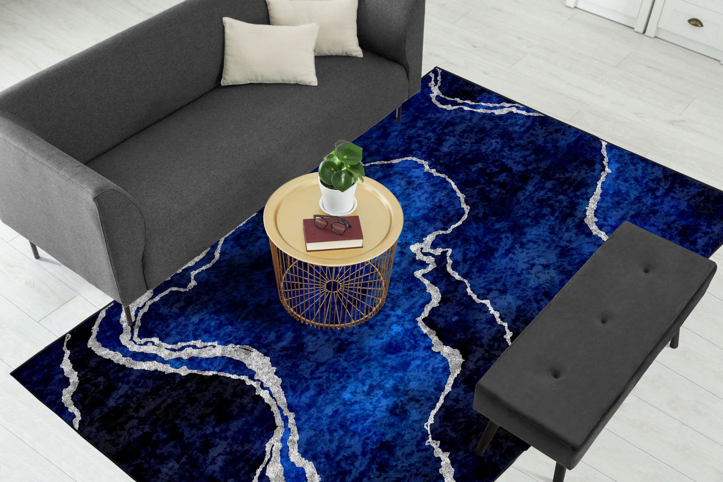 Navy Silver Abstract Centerpiece (Rug)