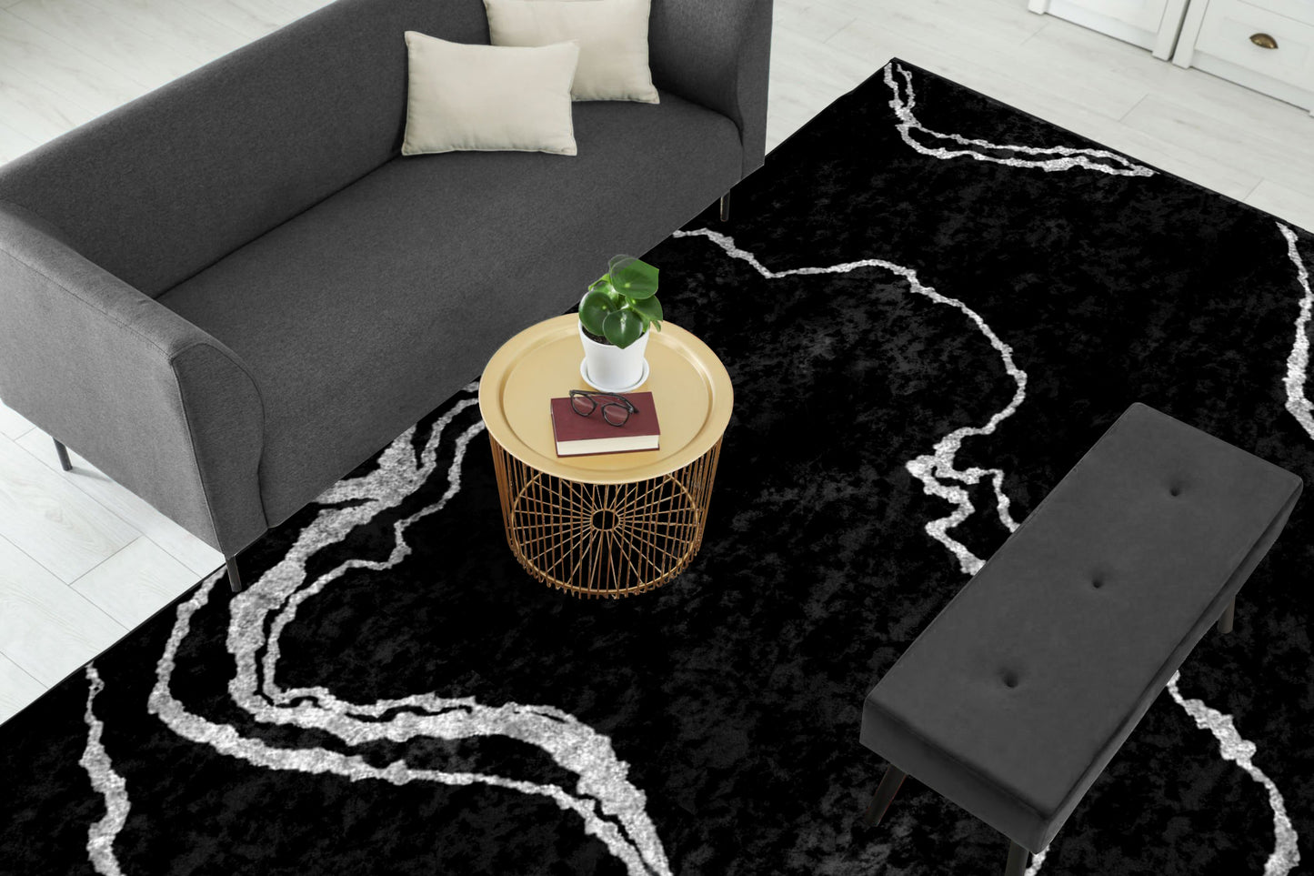 Black Silver Abstract Centerpiece (Rug)