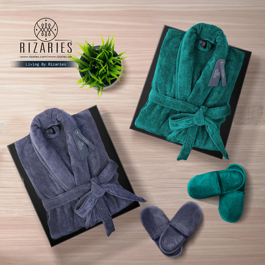 Couple Set Teal & Grey (2 Velour Bathrobe, 2 Velour Slippers)