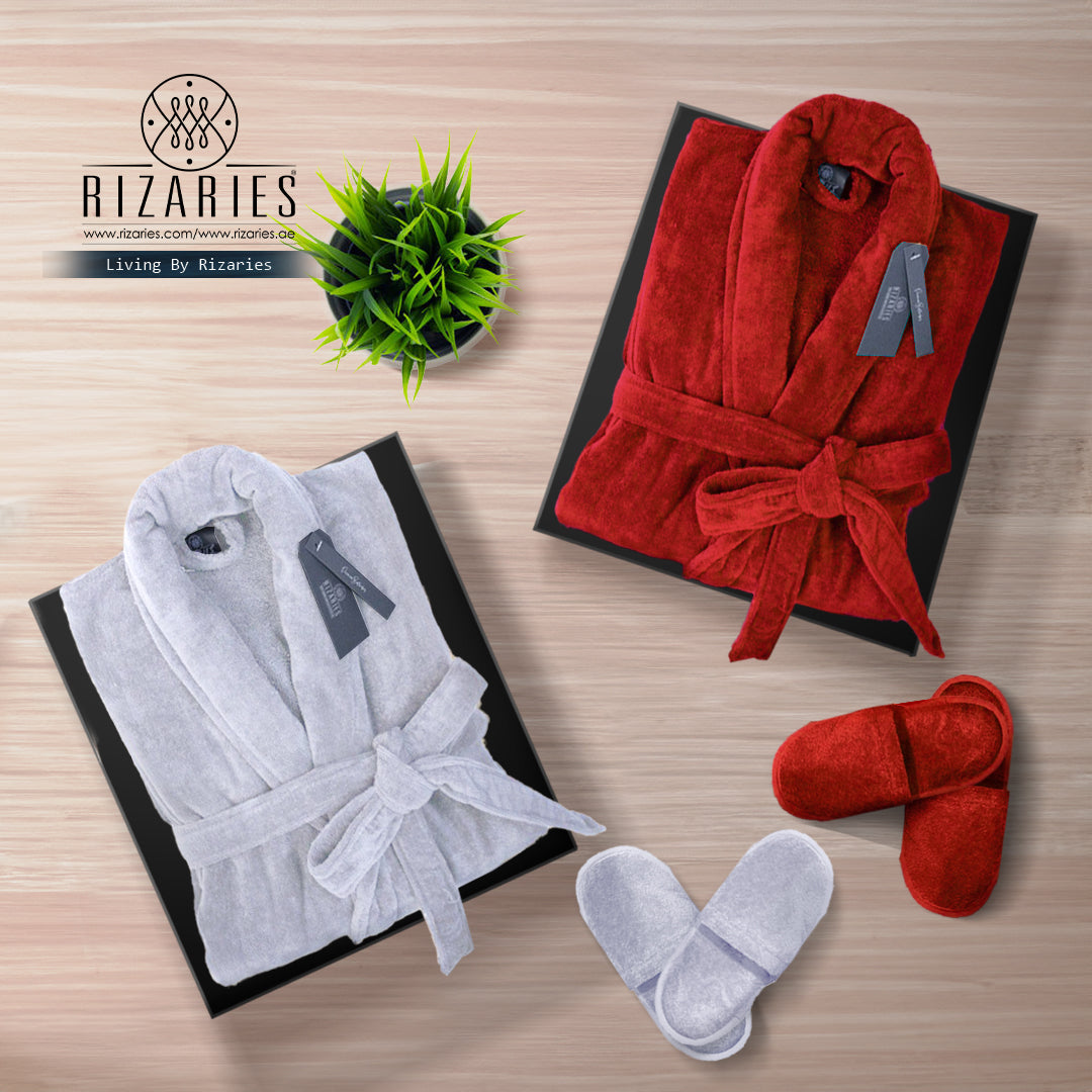 Couple Set Red & White (2 Velour Bathrobe, 2 Velour Slippers)