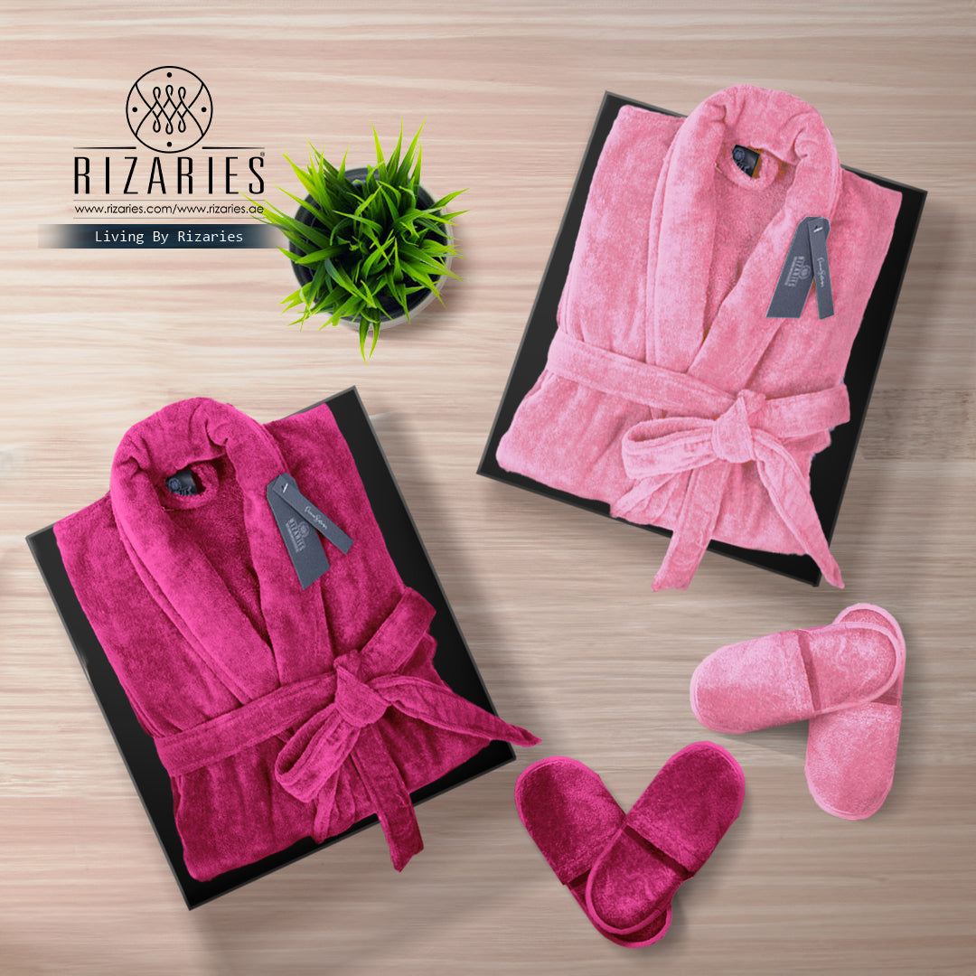 Couple Set Lite & Dark Pink (2 Velour Bathrobe, 2 Velour Slippers)