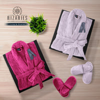 Thumbnail for Couple Set Dark Pink & White (2 Velour Bathrobe, 2 Velour Slippers)