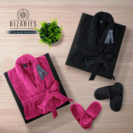 Couple Set Dark Pink & Black (2 Velour Bathrobe, 2 Velour Slippers)